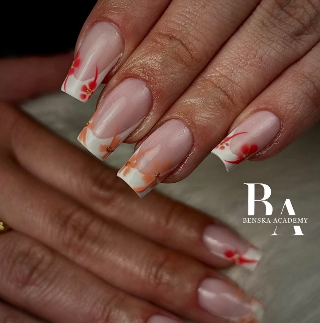 French manucure art floral orange — Benska Academy